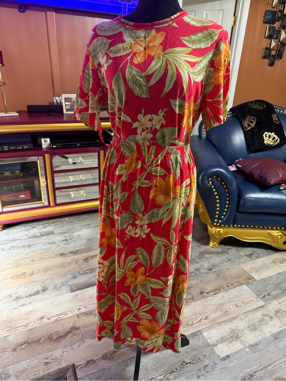 Floral Red Midi Dress with Tropical Print